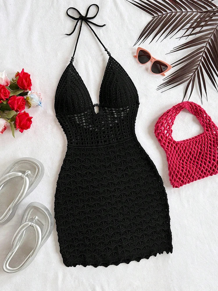 Vestido Sin Tirantes Cuello V, Tejido, Degradado, Cuentas de Madera