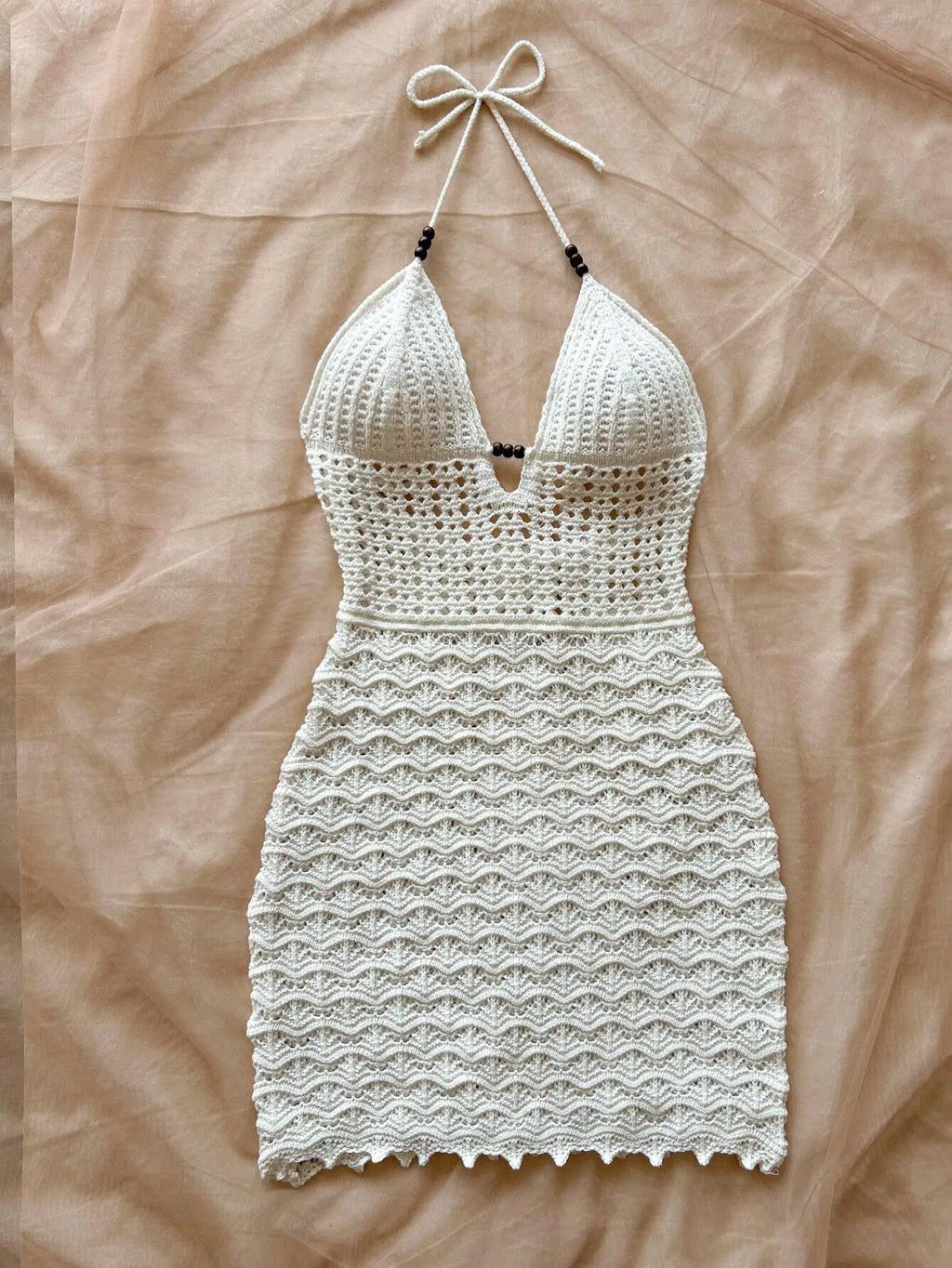 Vestido Sin Tirantes Cuello V, Tejido, Degradado, Cuentas de Madera