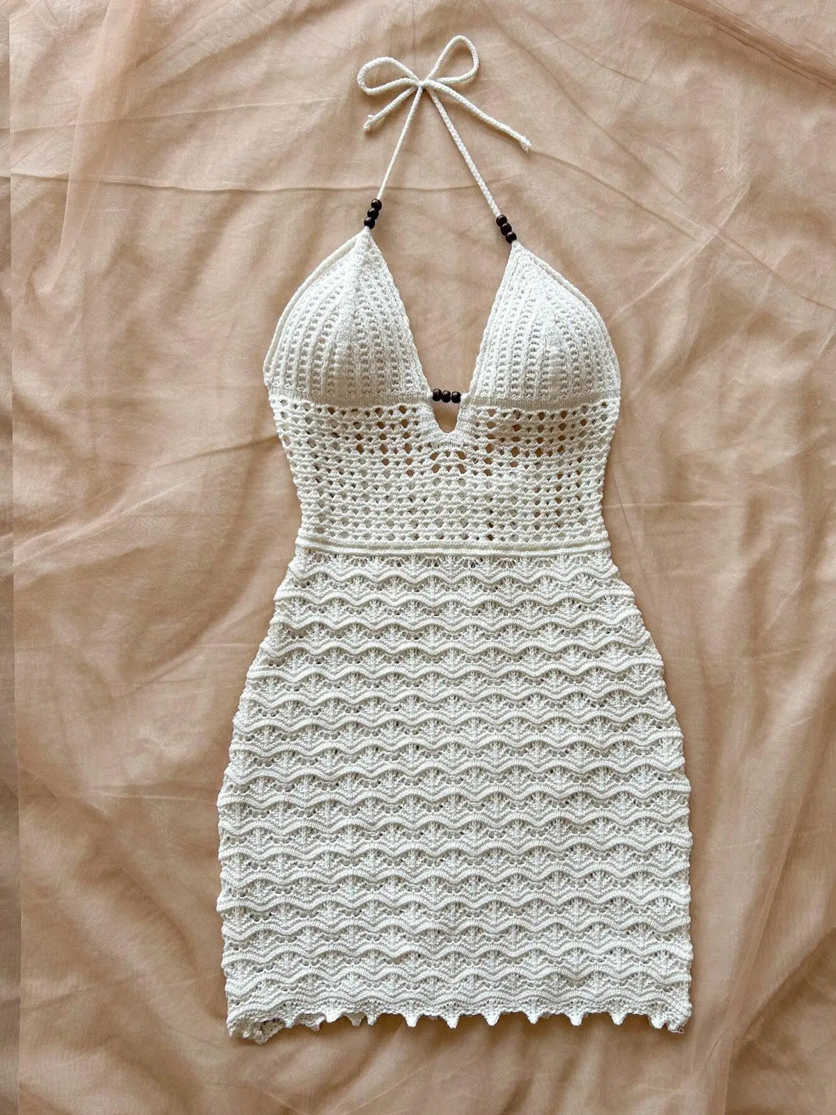 Vestido Sin Tirantes Cuello V, Tejido, Degradado, Cuentas de Madera
