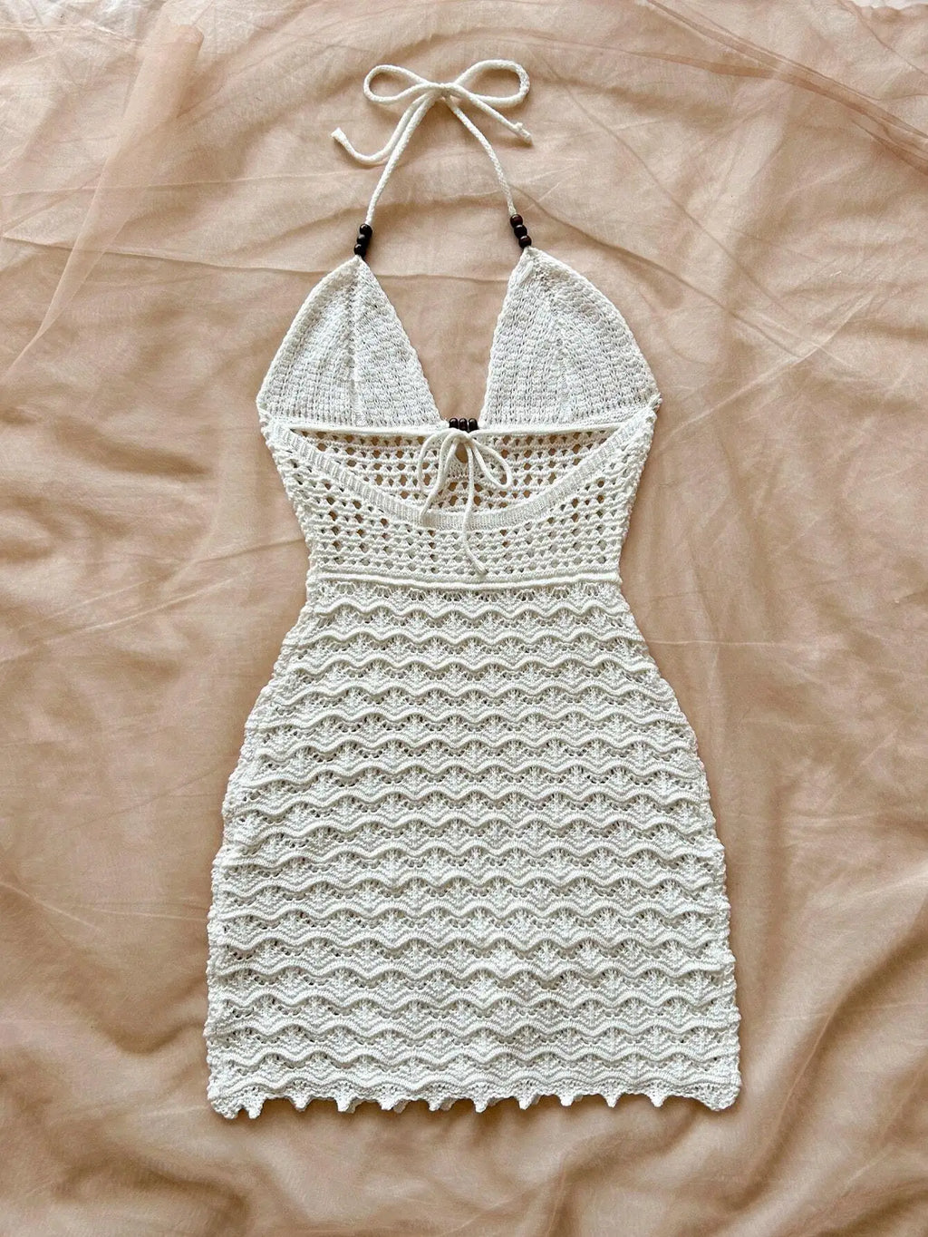 Vestido Sin Tirantes Cuello V, Tejido, Degradado, Cuentas de Madera