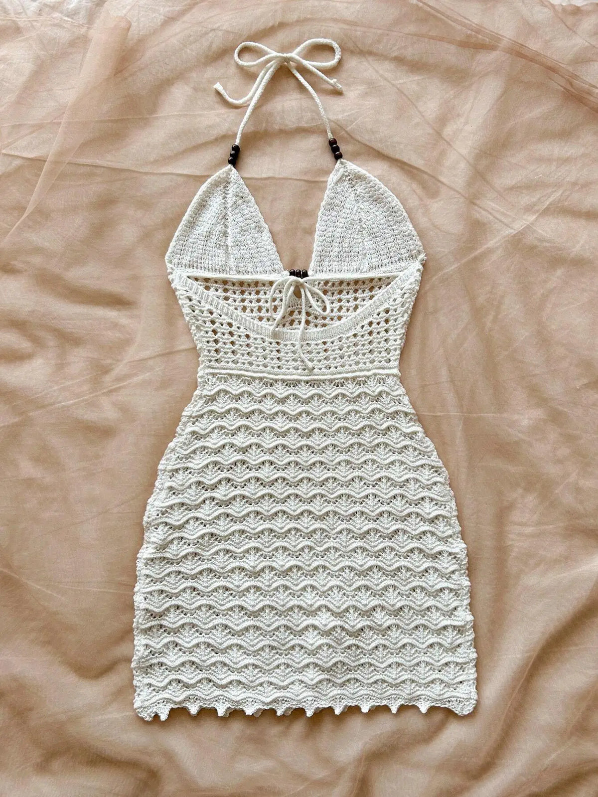 Vestido Sin Tirantes Cuello V, Tejido, Degradado, Cuentas de Madera